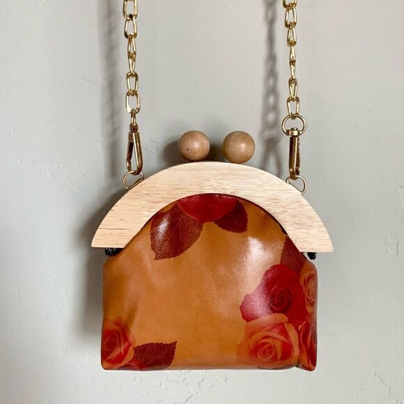 Handmade Genuine Leather Rose Print Wooden Frame Purse with 2 Chains style - Picture 5 of 16